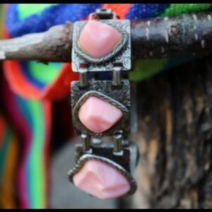 Vintage Pink Thermoset Stone Silver Bracelet Unique Chunky Statement